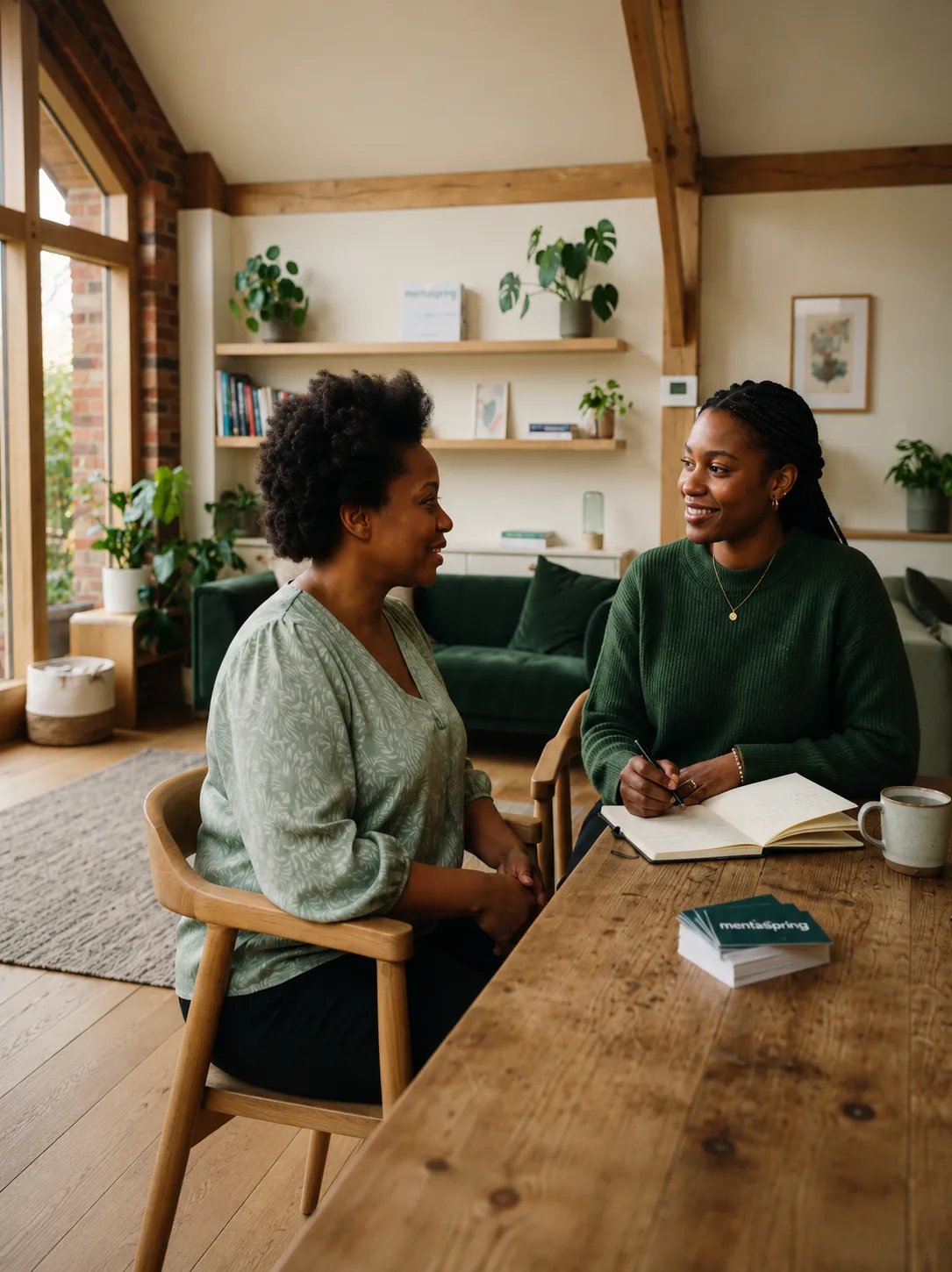 Two women in conversation at a wooden table in a light-filled room with exposed beams and plants, one with an open notebook