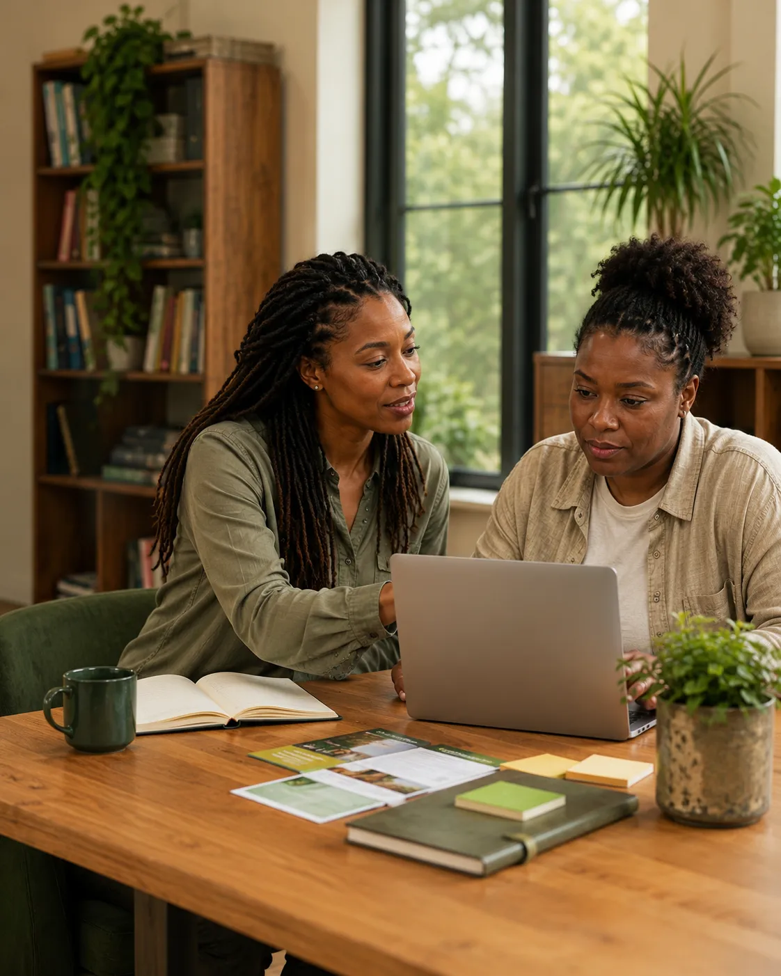 Two women looking at a laptop together at a wooden table, with a notebook and leaflets in front of them