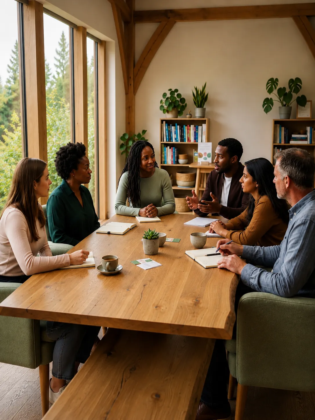 Six people in discussion around a long wooden table in a bright room with tall windows and plants