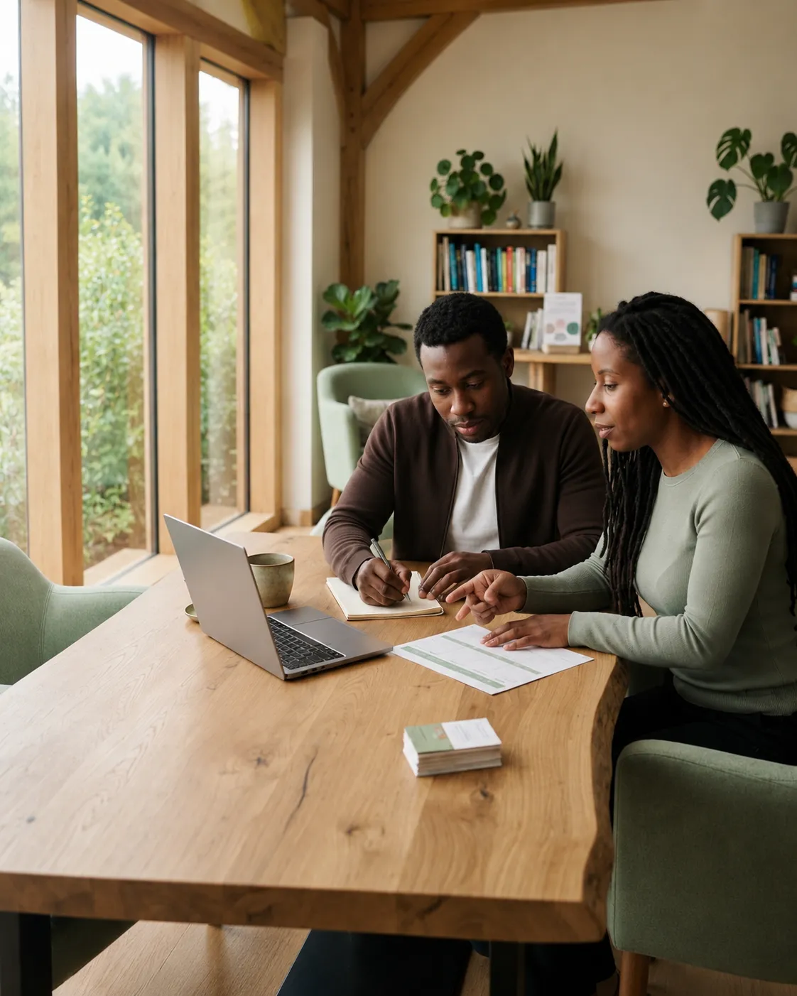 A man and a woman looking over papers and a laptop together at a wooden table in a bright room