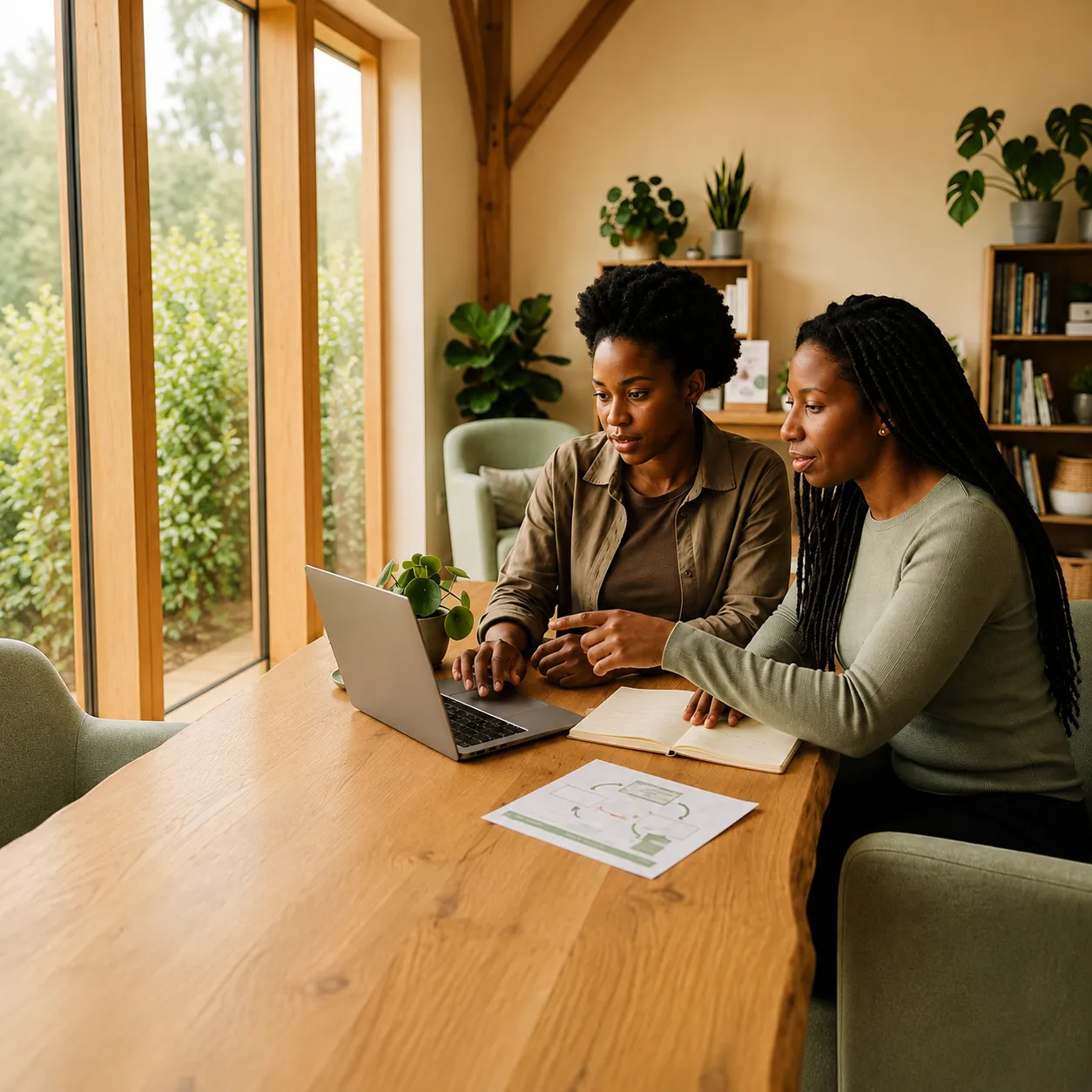 Two women looking at a laptop together at a wooden table, with a printed leaflet beside them